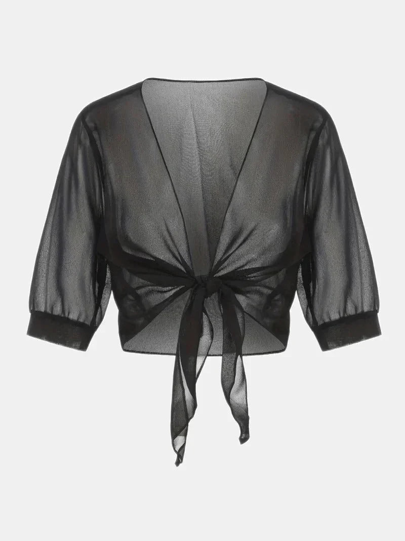 Women's Sheer Tie-Front Blouse 3/4 Sleeve Open Front Cardigan Shrug