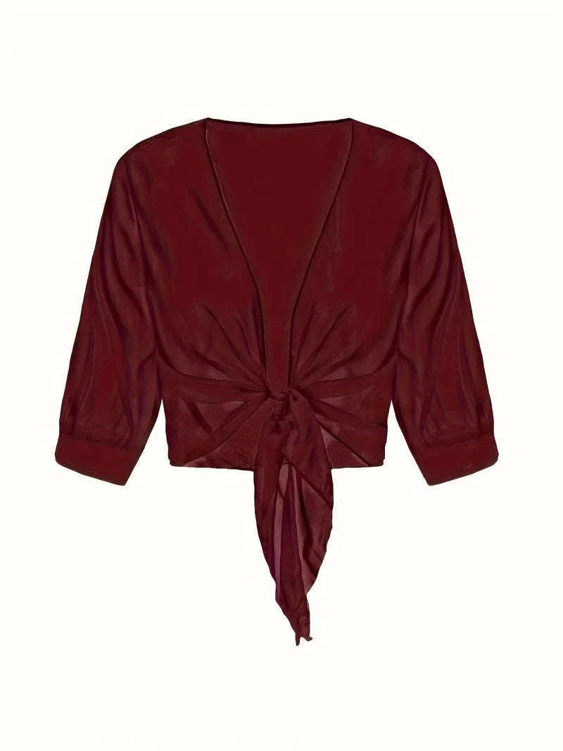 Women's Sheer Tie-Front Blouse 3/4 Sleeve Open Front Cardigan Shrug