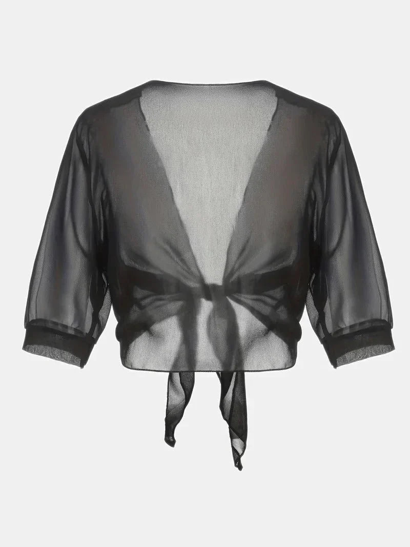 Women's Sheer Tie-Front Blouse 3/4 Sleeve Open Front Cardigan Shrug