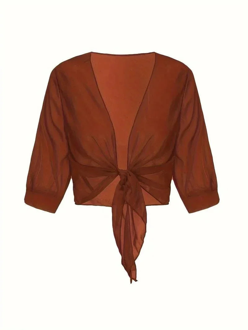 Women's Sheer Tie-Front Blouse 3/4 Sleeve Open Front Cardigan Shrug