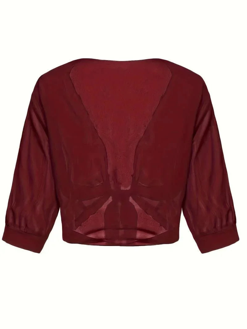 Women's Sheer Tie-Front Blouse 3/4 Sleeve Open Front Cardigan Shrug