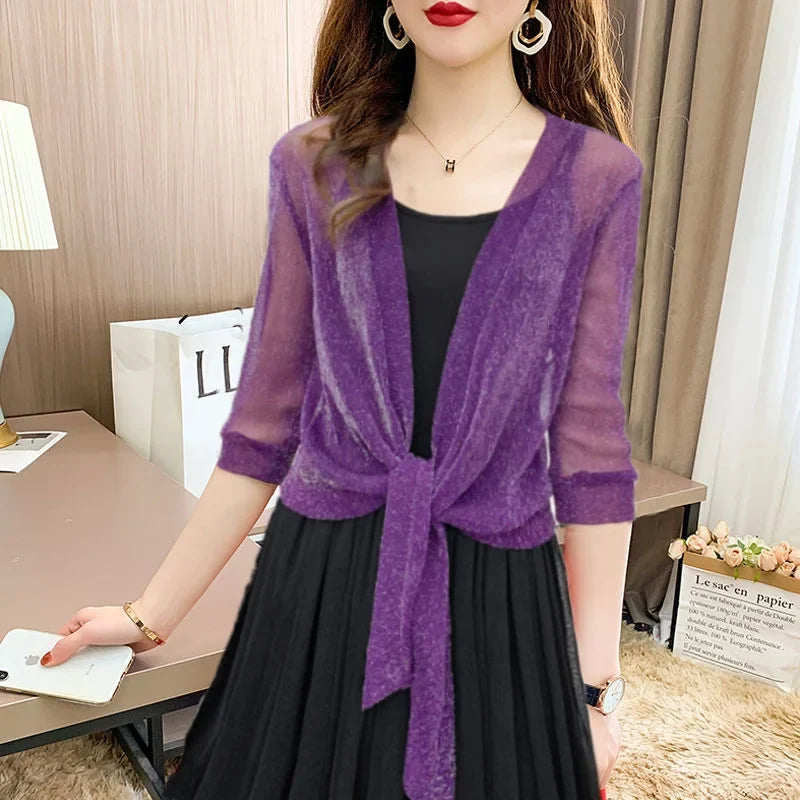 Women's Sheer Tie-Front Blouse 3/4 Sleeve Open Front Cardigan Shrug