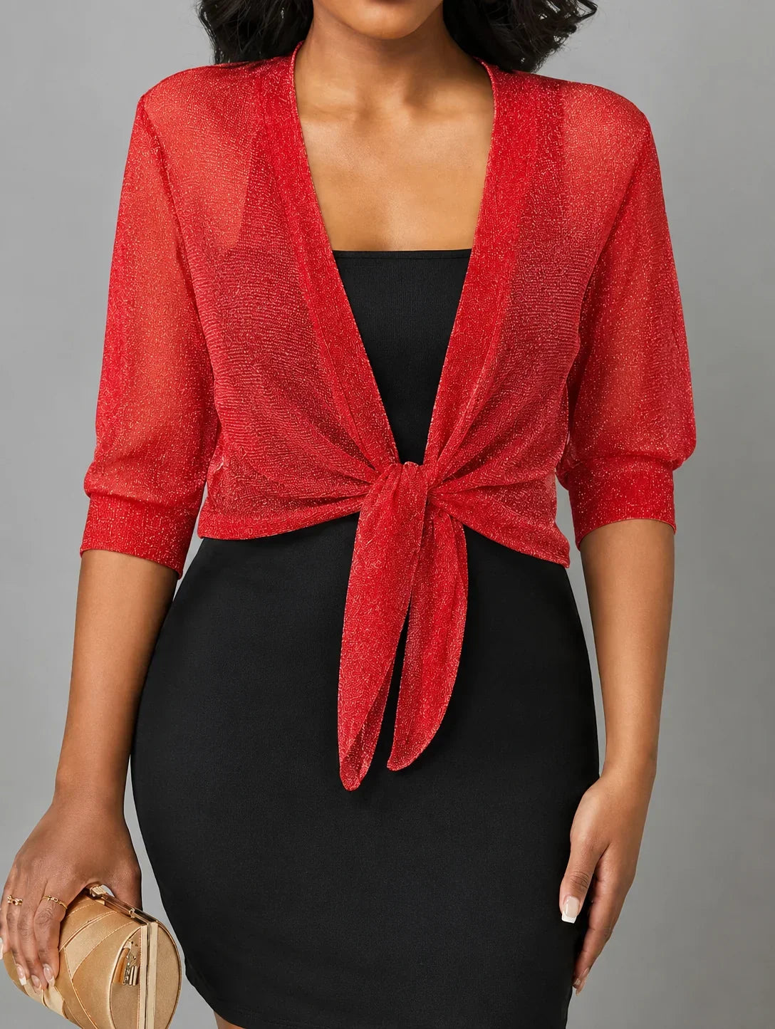 Women's Sheer Tie-Front Blouse 3/4 Sleeve Open Front Cardigan Shrug