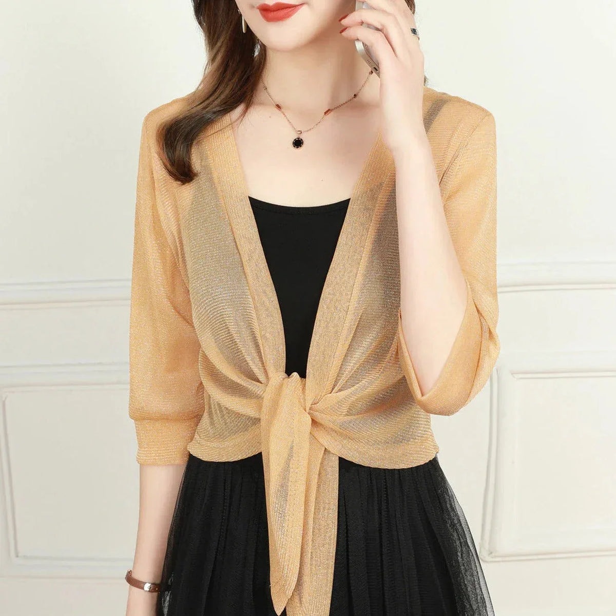 Women's Sheer Tie-Front Blouse 3/4 Sleeve Open Front Cardigan Shrug