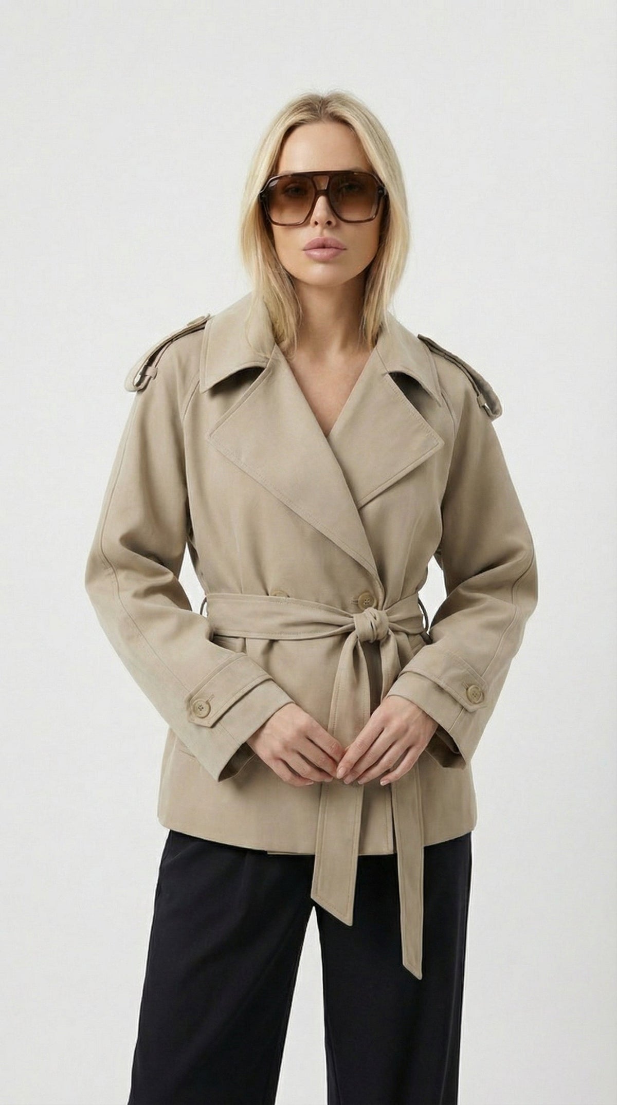 Women's Short Trench Coat Belted Double-Breasted Lapel Khaki Jacket
