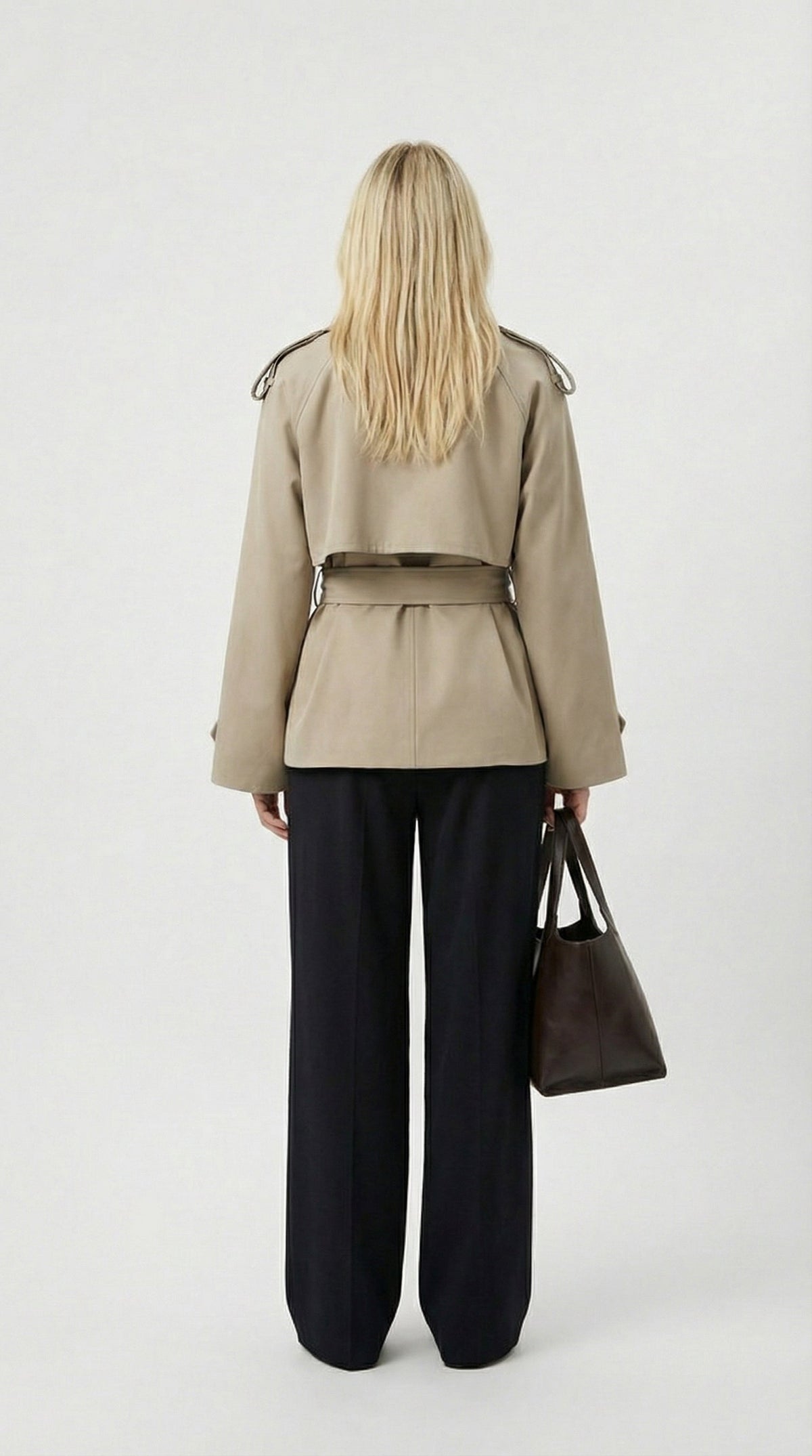 Women's Short Trench Coat Belted Double-Breasted Lapel Khaki Jacket
