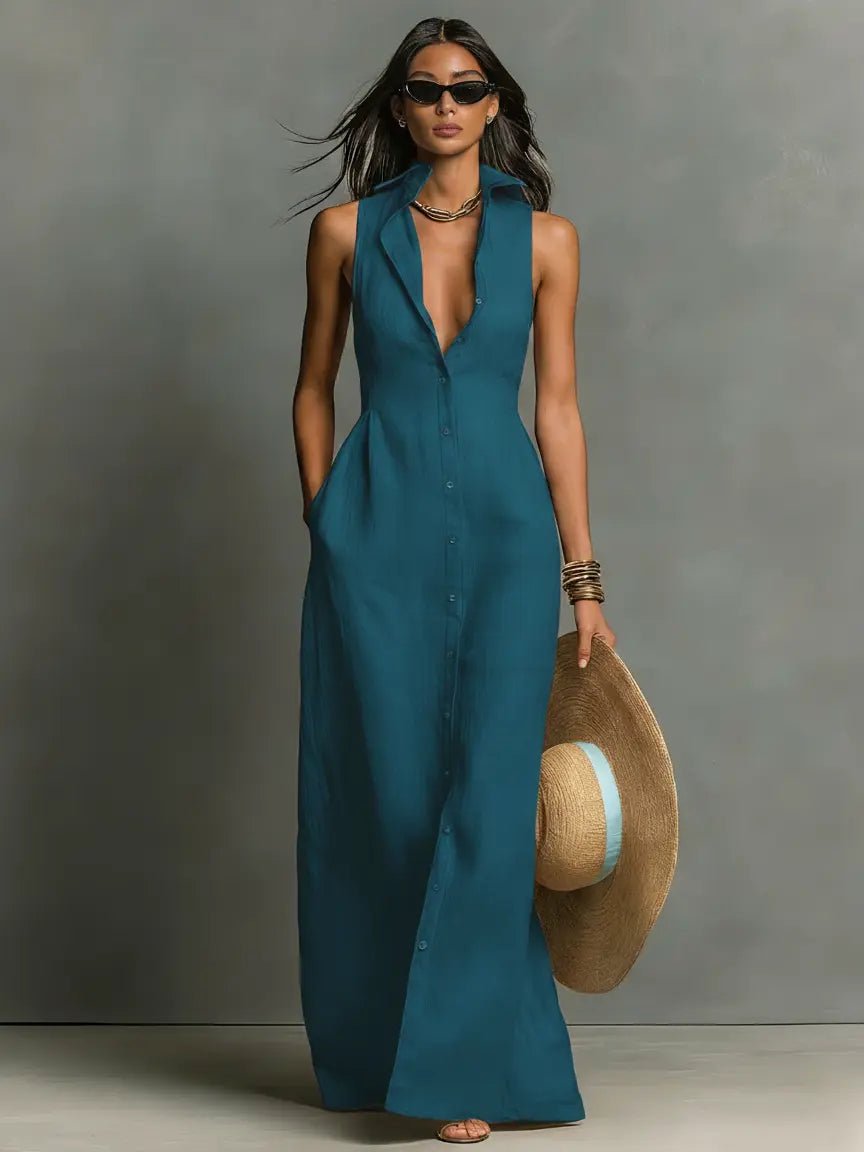 Women's Sleeveless Collared Linen Maxi Dress Button-Front Deep V-Neck Beach