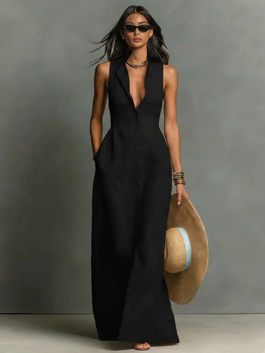 Women's Sleeveless Collared Linen Maxi Dress Button-Front Deep V-Neck Beach
