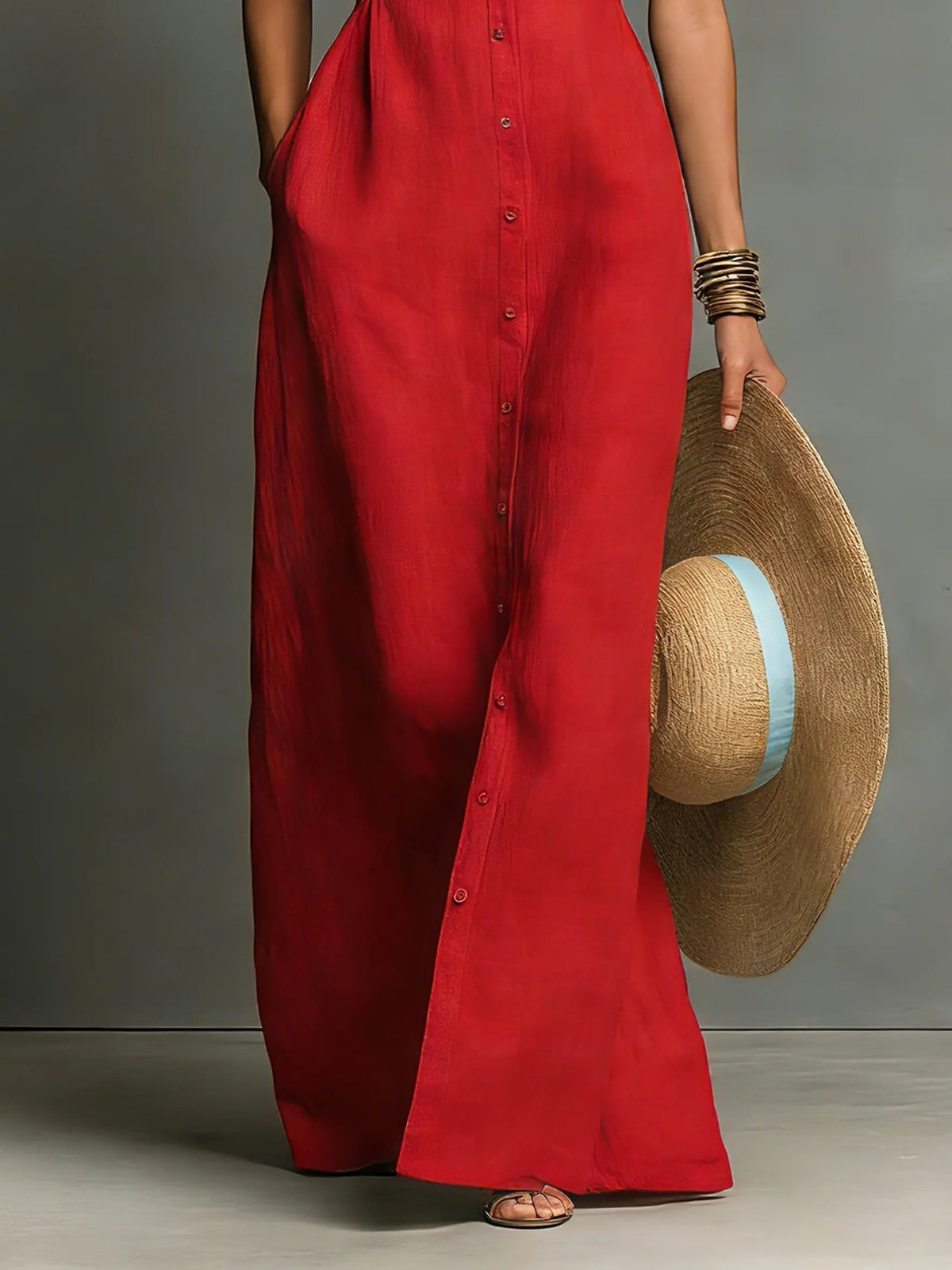 Women's Sleeveless Collared Linen Maxi Dress Button-Front Deep V-Neck Beach