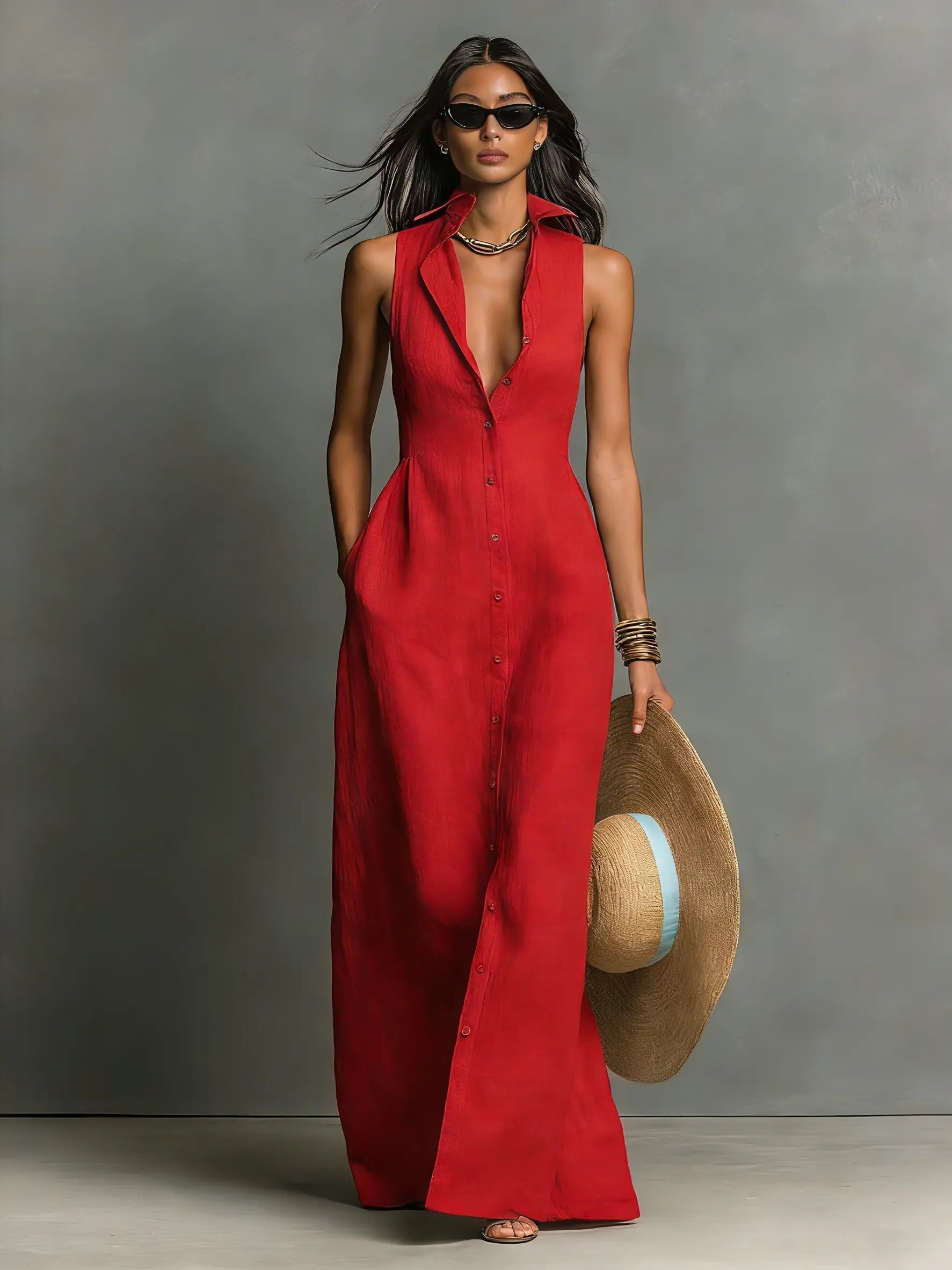 Women's Sleeveless Collared Linen Maxi Dress Button-Front Deep V-Neck Beach