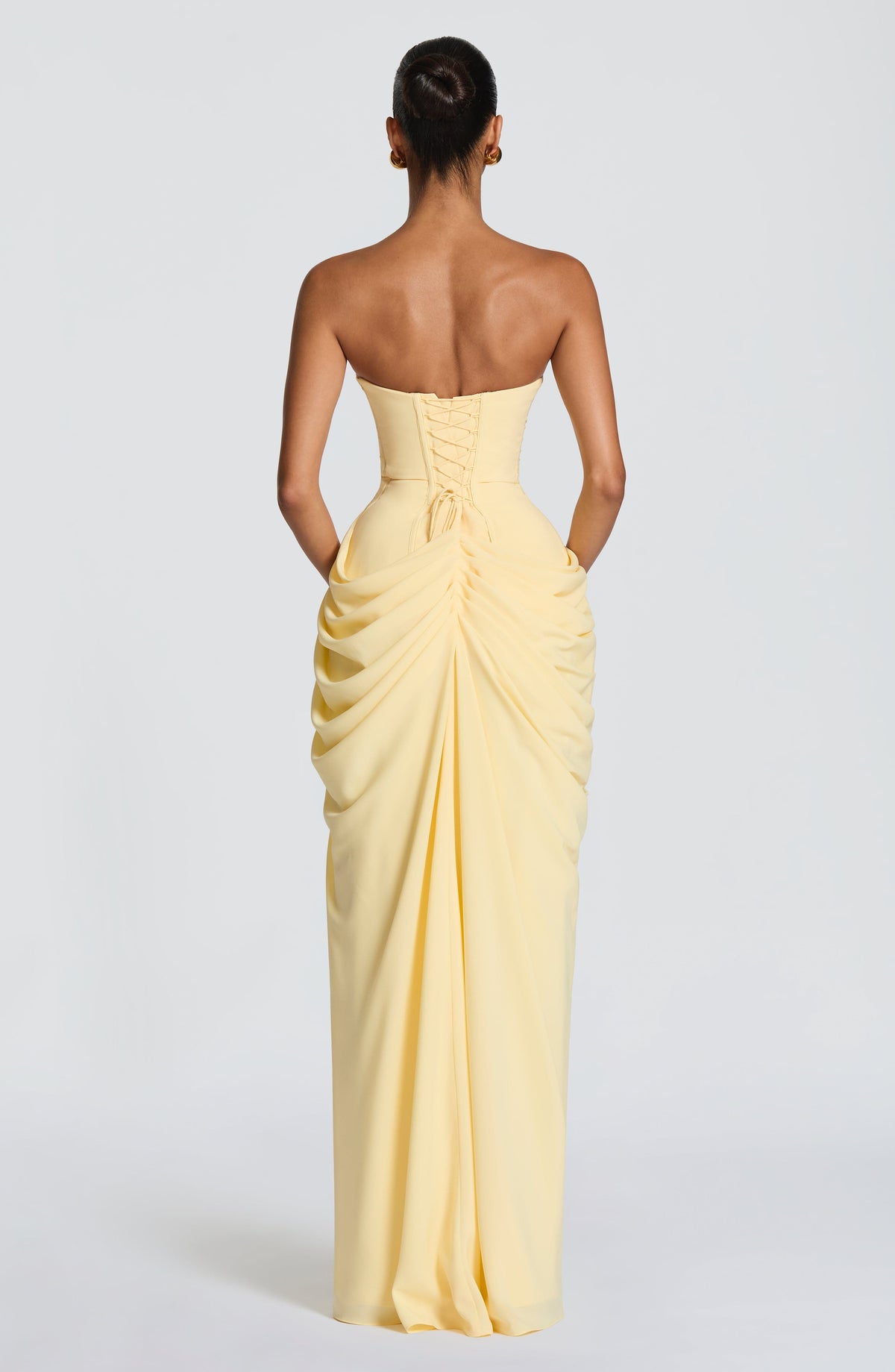 Women's Strapless Corset Maxi Dress Draped High Slit Skirt Evening Gown
