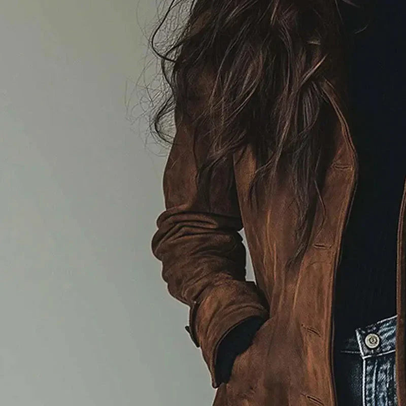Women's Suede Longline Coat Button-Front Double-Breasted Lapel Winter