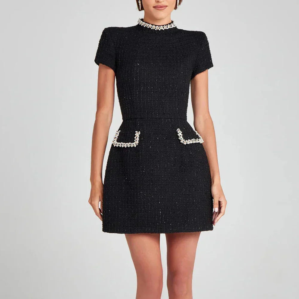 Chic Tweed Mini Dress for Parties – Long Sleeve Square Neck Style