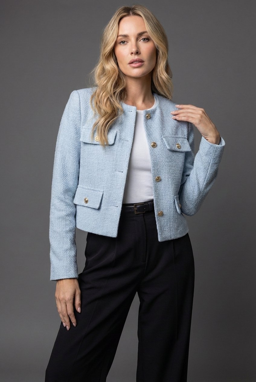Women's Tweed Cropped Blazer Round Neck Long Sleeve Button Front Jacket