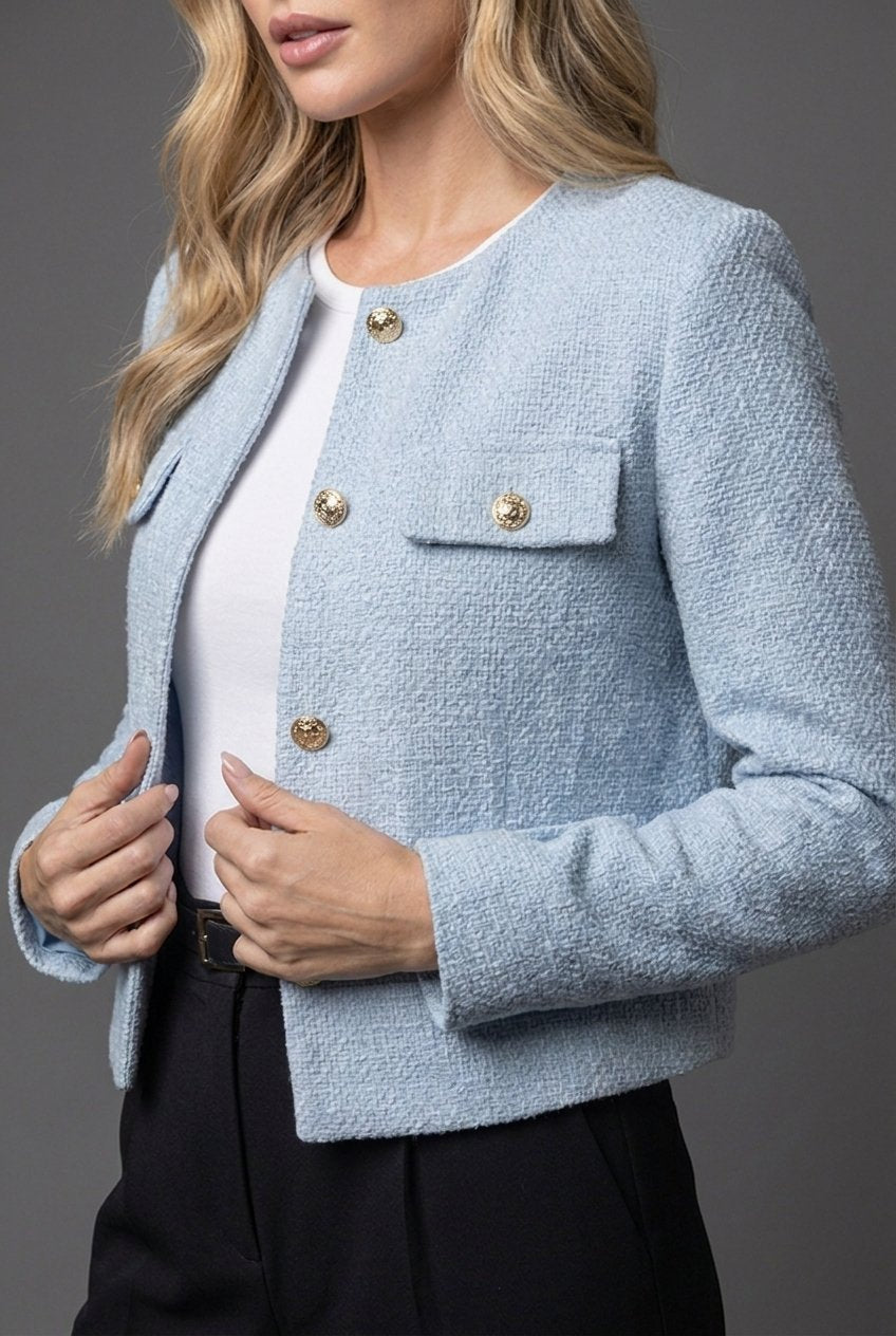 Women's Tweed Cropped Blazer Round Neck Long Sleeve Button Front Jacket