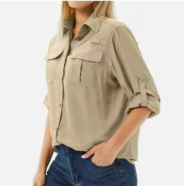 Women's UPF 50 Hiking Shirt Long Roll-Up Sleeve Zip Pocket Safari Shirt