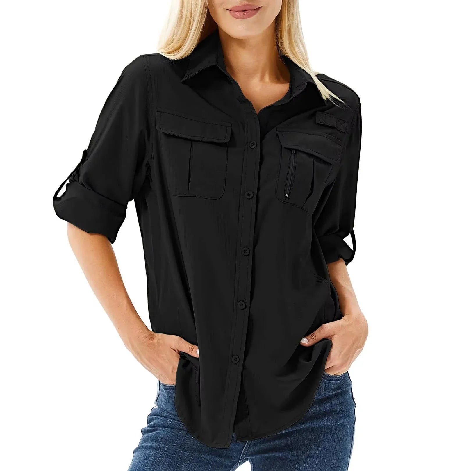 Women's UPF 50 Hiking Shirt Long Roll-Up Sleeve Zip Pocket Safari Shirt