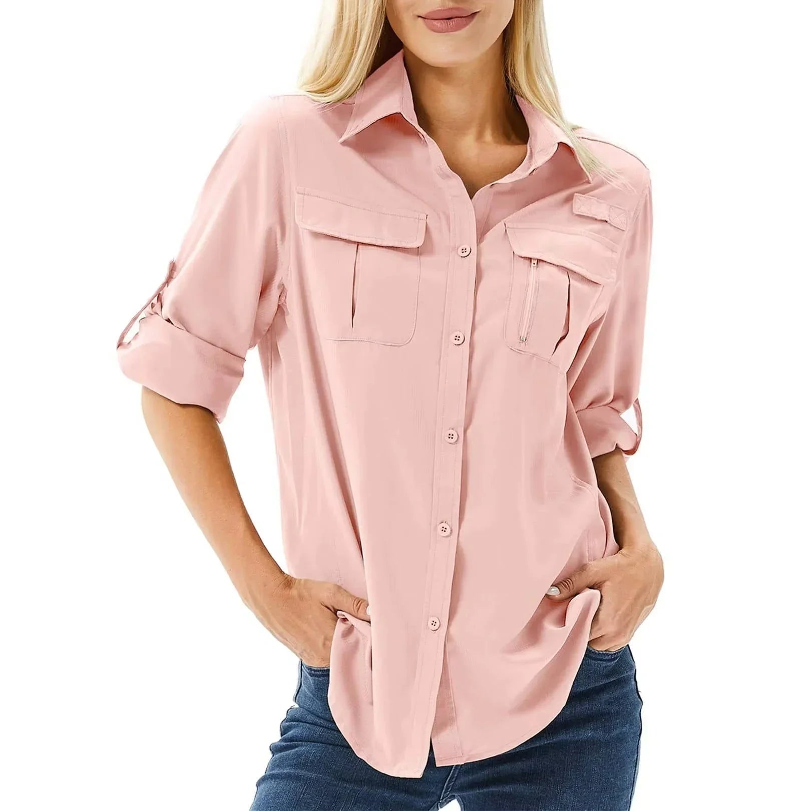 Women's UPF 50 Hiking Shirt Long Roll-Up Sleeve Zip Pocket Safari Shirt