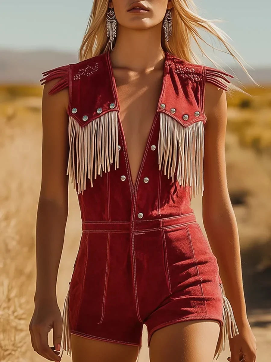 Women's Western Fringe Romper V-Neck Snap-Front Sleeveless Short Jumpsuit
