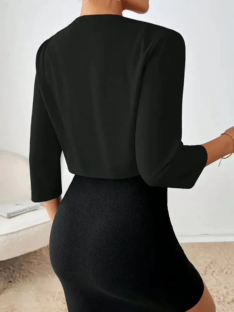 Women's Cropped Blazer Open Front 3/4 Sleeve Pleated Bolero Jacket