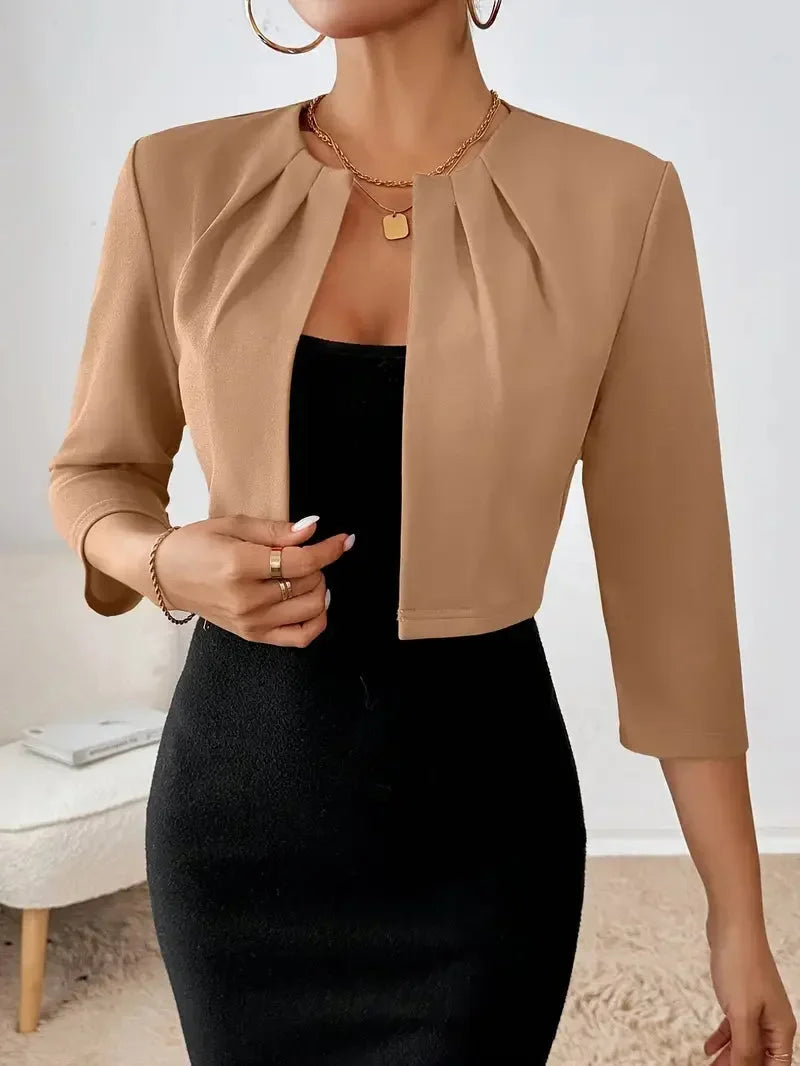 Women's Cropped Blazer Open Front 3/4 Sleeve Pleated Bolero Jacket