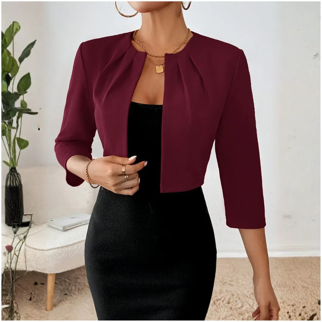 Women's Cropped Blazer Open Front 3/4 Sleeve Pleated Bolero Jacket