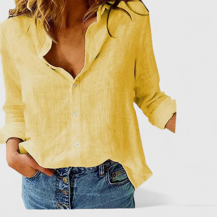 Women's Linen Button Down Shirt Lapel Collar Long Sleeve Casual Top