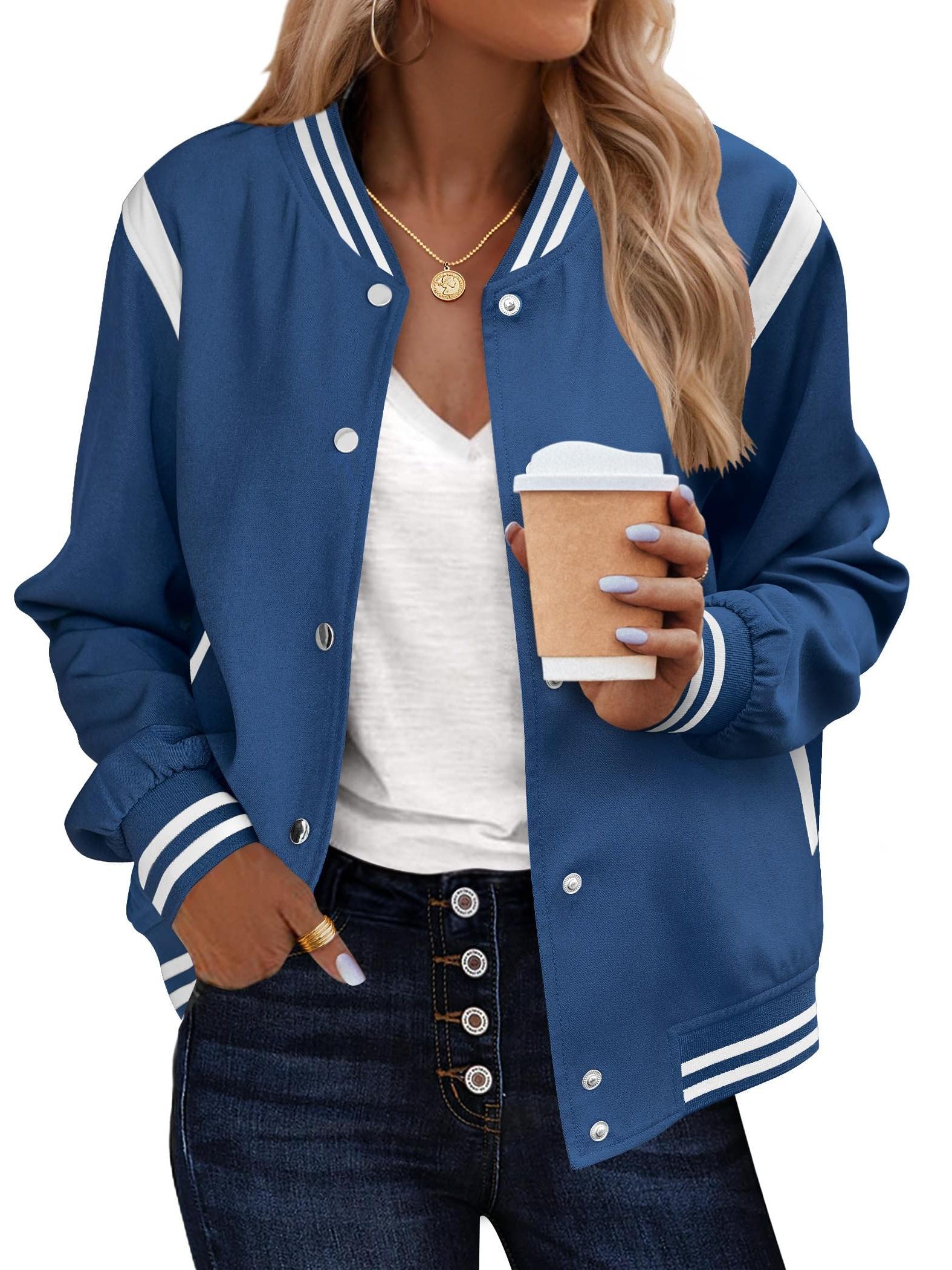 Women's Bomber Jacket Contrast Stripe Varsity Stand Collar Snap Button Casual Wear