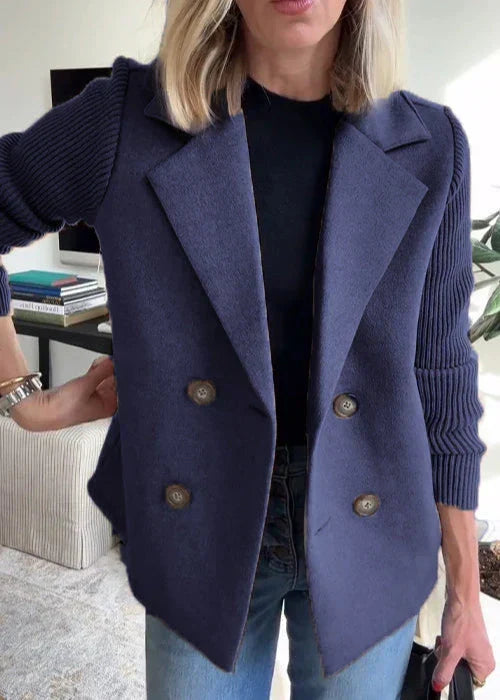 Women's Double Breasted Coat Notch Lapel Ribbed Sleeve Casual Winter Jacket