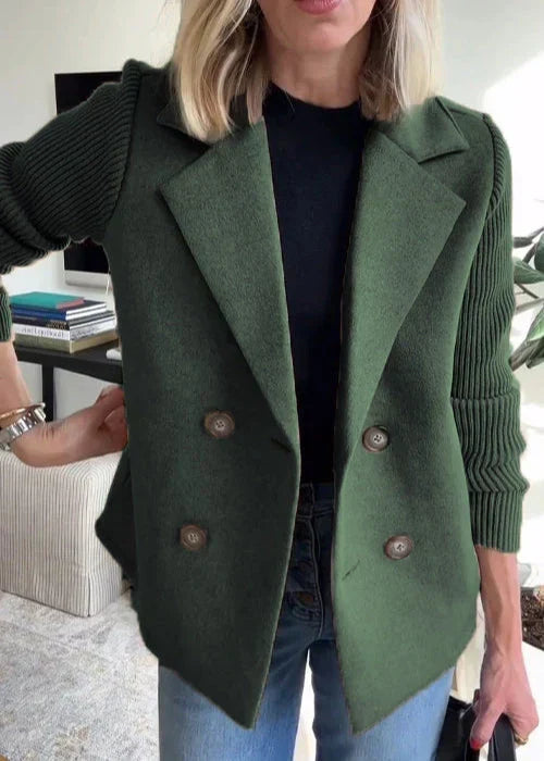 Women's Double Breasted Coat Notch Lapel Ribbed Sleeve Casual Winter Jacket