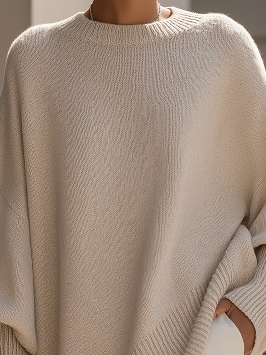 Women's Oversized Knit Sweater Batwing Sleeve Crew Neck Asymmetric Hem Casual