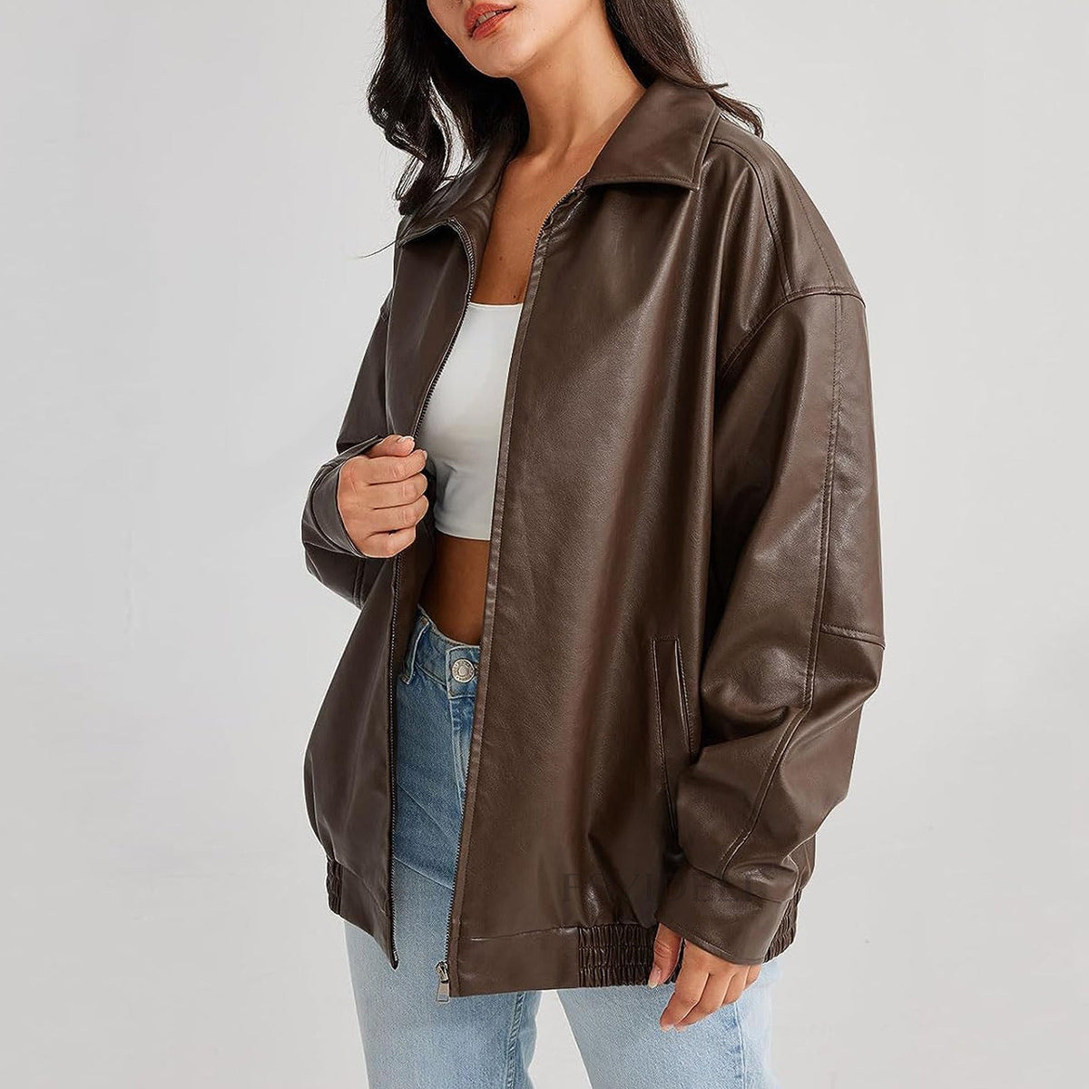 Women's Oversized Bomber Jacket Zip-Front Collared Long Sleeve Casual