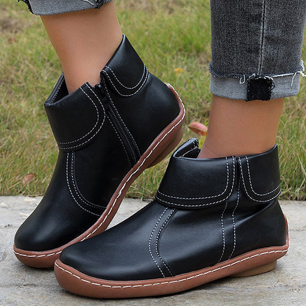 Women's Vintage Ankle Boots Side Zip Fold-Over Cuff Leather Casual