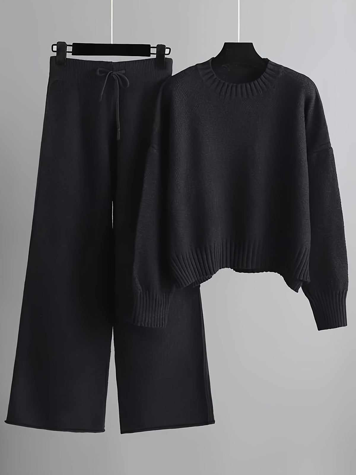 Women's Knit Sweater and Wide-Leg Pants Set Round Neck Long Sleeve Drawstring Casual
