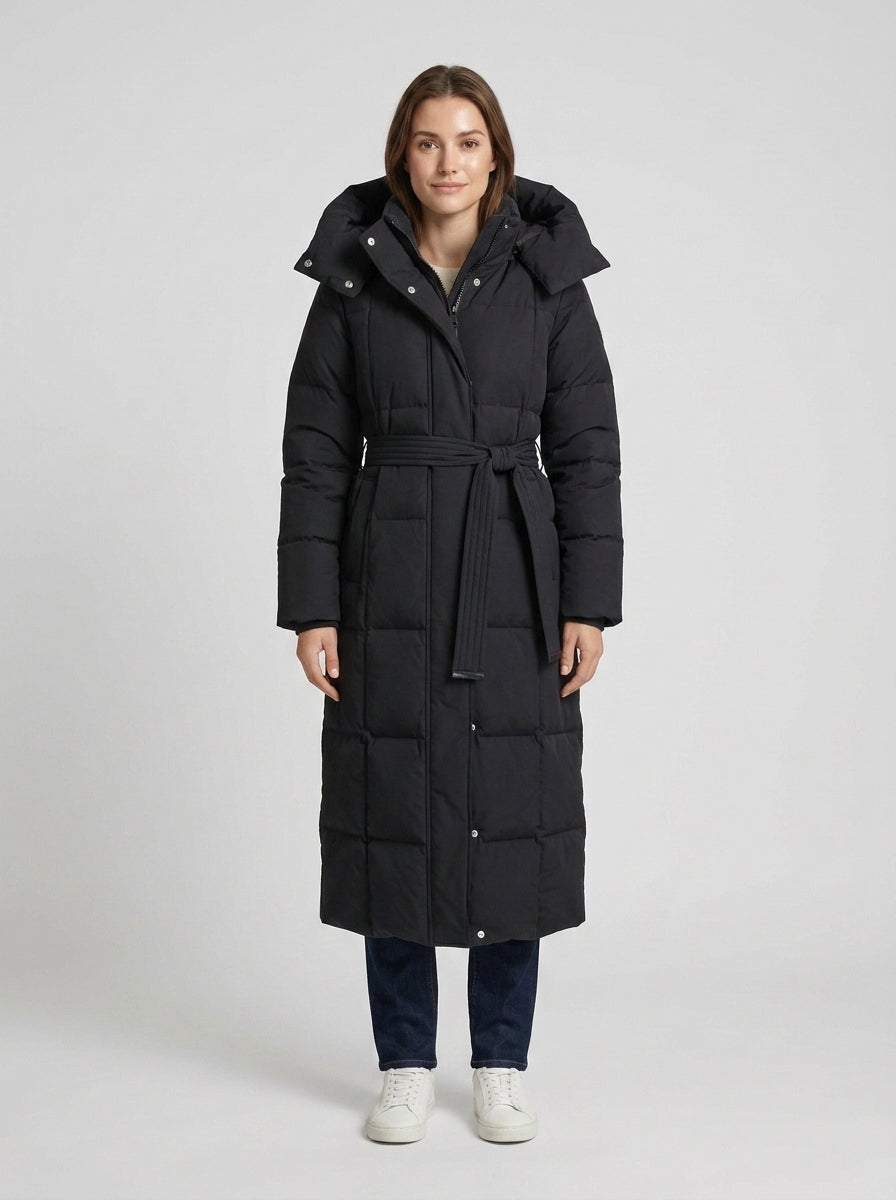 Women's Long Padded Puffer Coat Hooded Belted Quilted Winter Outerwear