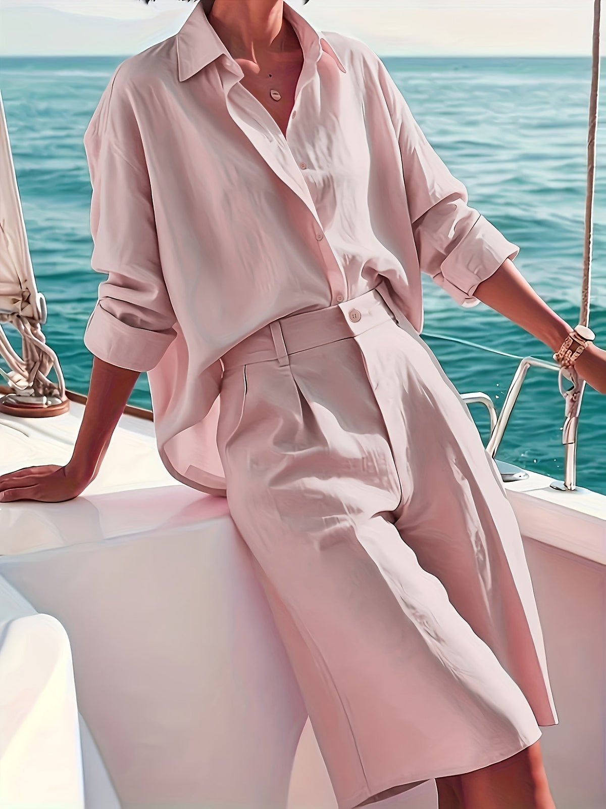 Women's Casual Set Solid Color Button-Up Shirt Long Sleeve Collared Bermuda Shorts