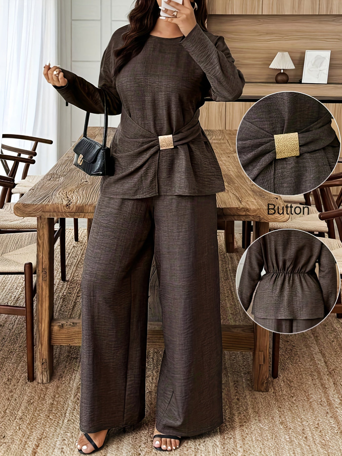 Women's Plus Size 2-Piece Set Waist-Cinching Top Round Neck Long Sleeve Wide-Leg Pants Casual