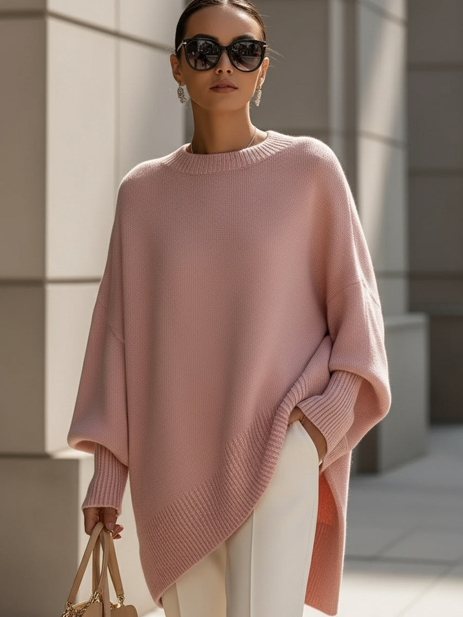 Women's Oversized Knit Sweater Batwing Sleeve Crew Neck Asymmetric Hem Casual