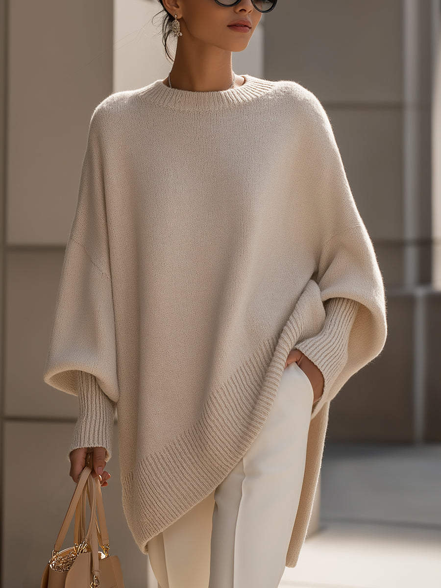 Women's Oversized Knit Sweater Batwing Sleeve Crew Neck Asymmetric Hem Casual