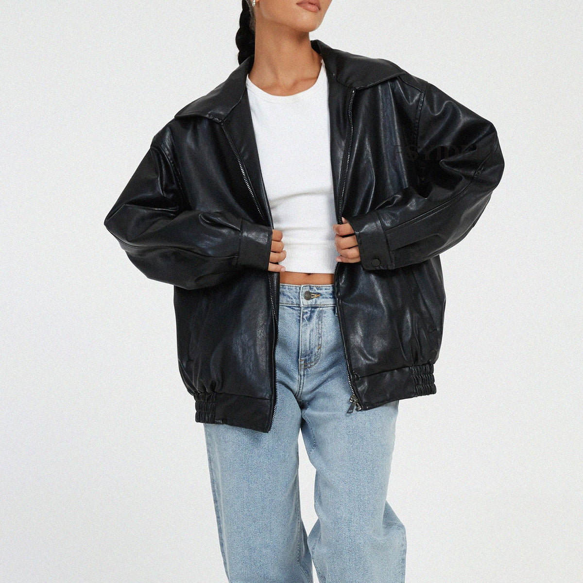 Women's Oversized Bomber Jacket Zip-Front Collared Long Sleeve Casual