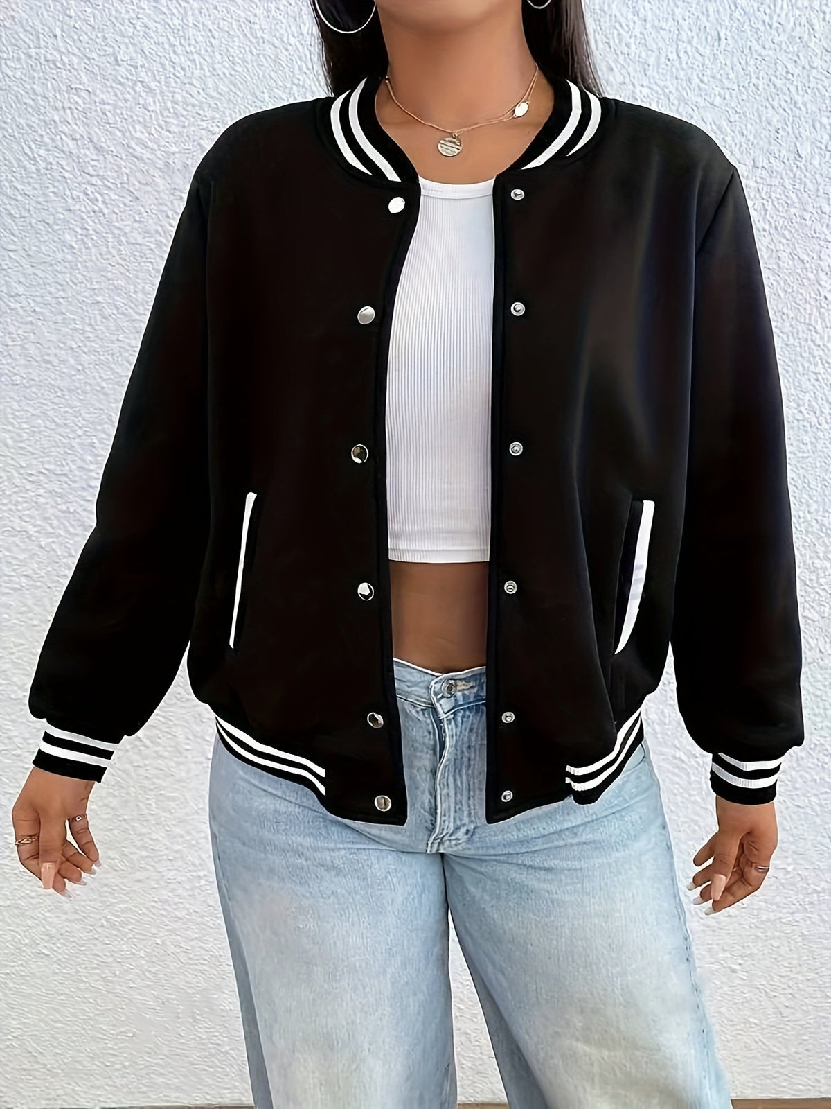 Women's Bomber Jacket Striped Trim Ribbed Drop Shoulder Snap Button Closure Casual