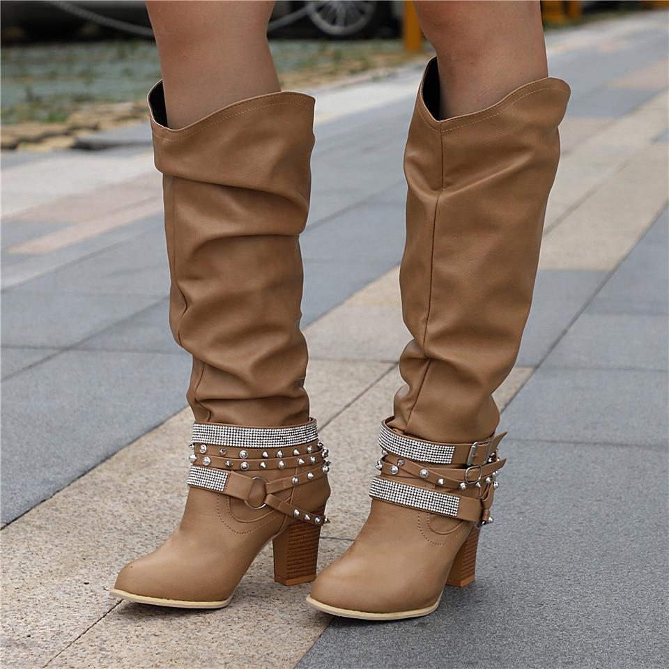 Women's Slouch Knee High Boots Studded Strap Buckle Block Heel Western