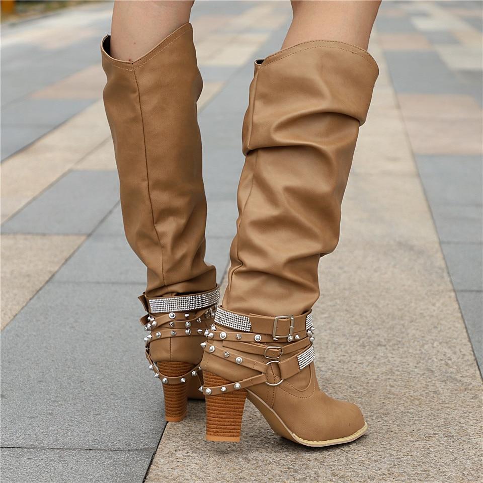 Women's Slouch Knee High Boots Studded Strap Buckle Block Heel Western
