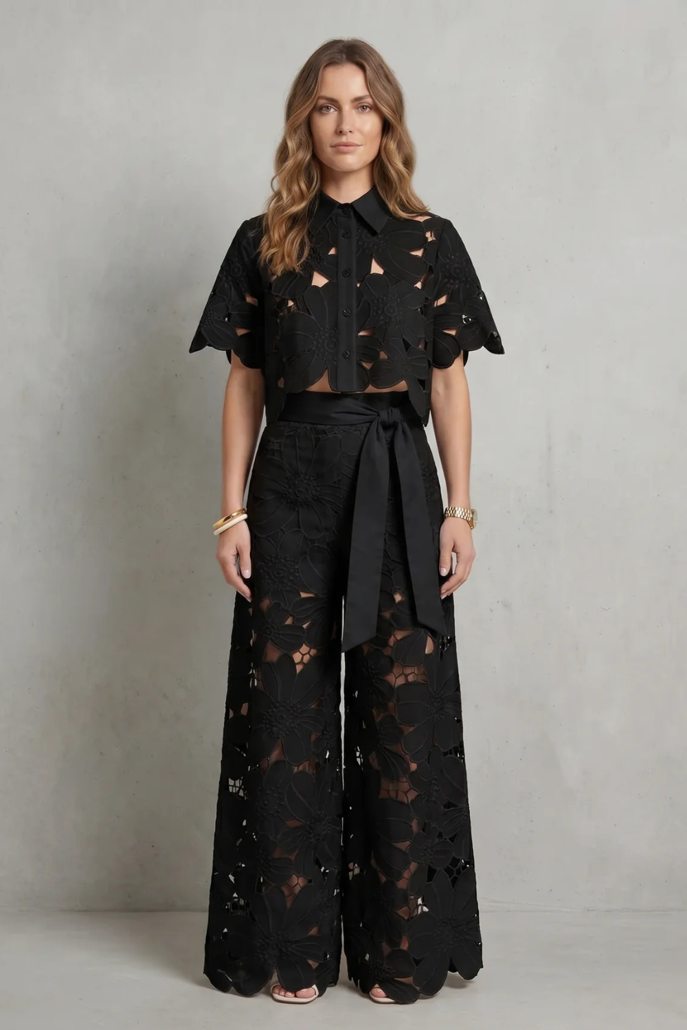 Women's Floral Lace Cutout Crop Top & Wide Leg Pants Set Short Sleeve White