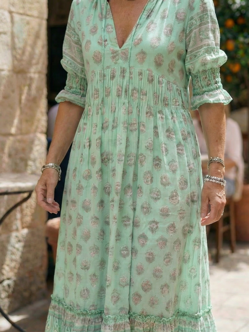 Women's Floral Maxi Dress V-Neck Short Sleeve Tiered Ruffle Hem Boho Beach