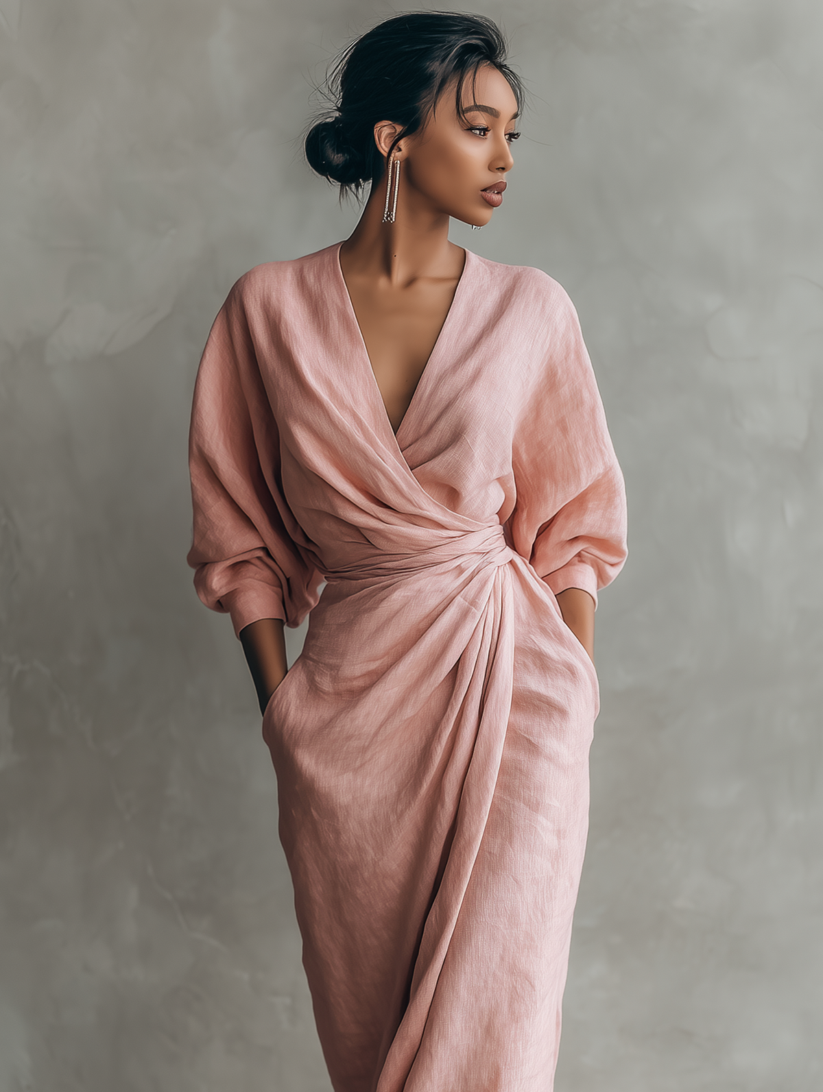Women's Linen Wrap Maxi Dress V-Neck Long Sleeve High Slit Draped