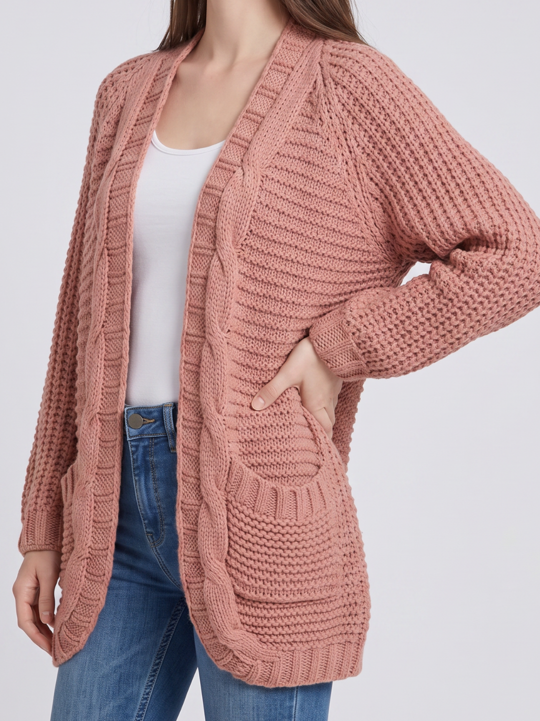 Women's Open-Front Knit Cardigan Chunky Cable Boho Long Sleeve with Pockets