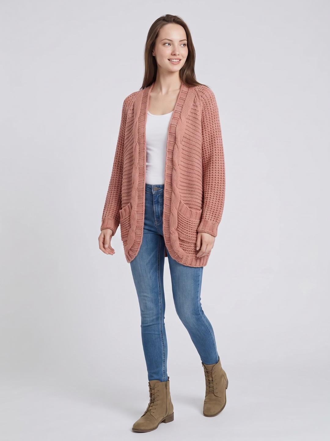 Women's Open-Front Knit Cardigan Chunky Cable Boho Long Sleeve with Pockets