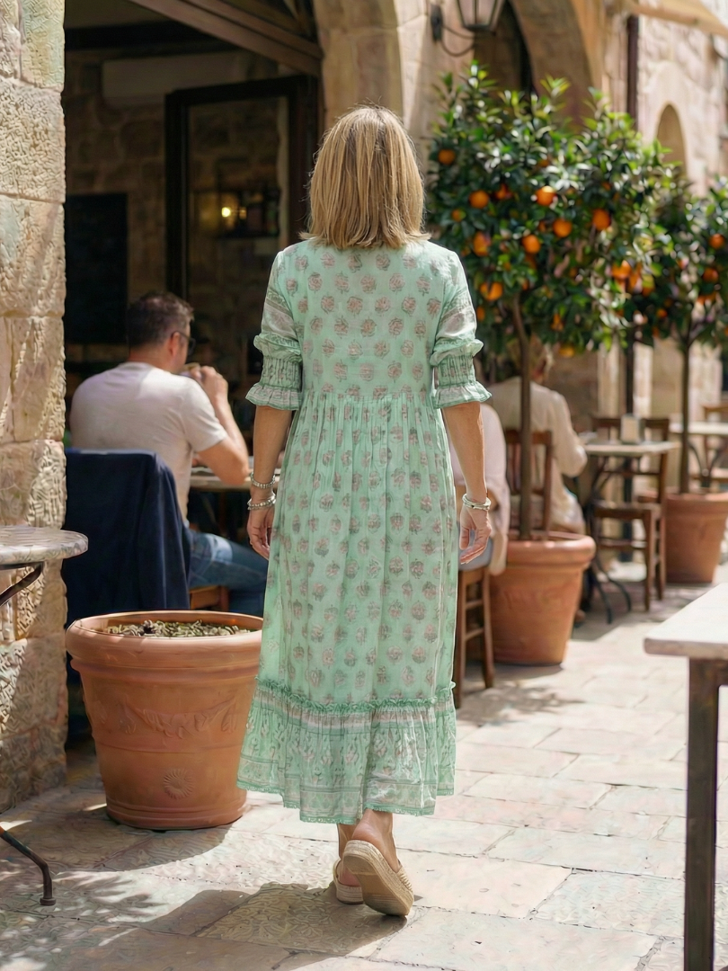 Women's Floral Maxi Dress V-Neck Short Sleeve Tiered Ruffle Hem Boho Beach