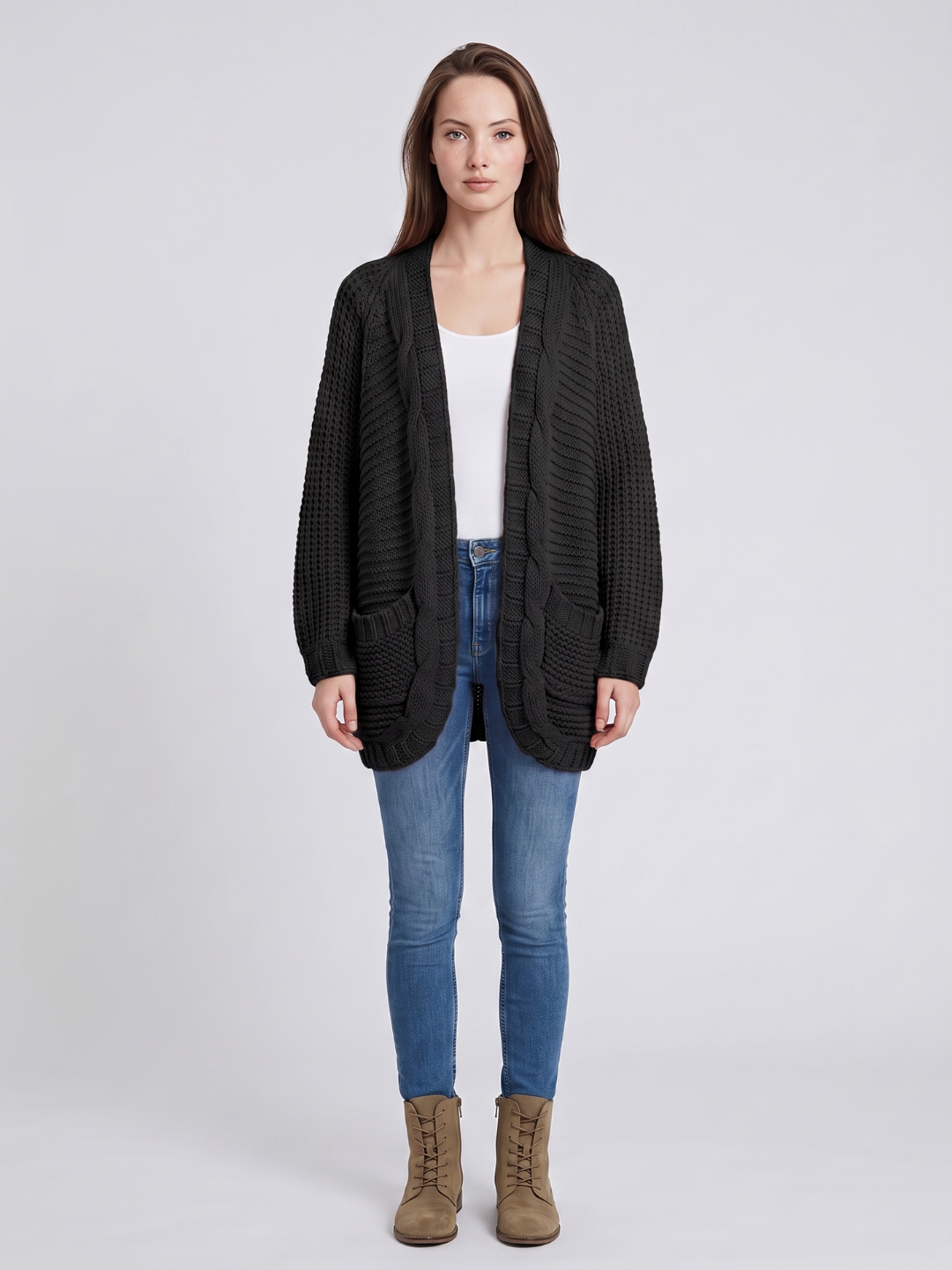 Women's Open-Front Knit Cardigan Chunky Cable Boho Long Sleeve with Pockets